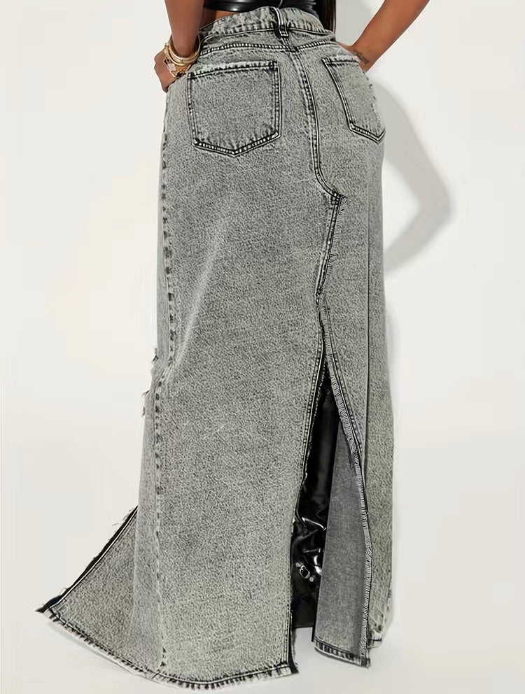 Grey Washed Denim Maxi Skirt