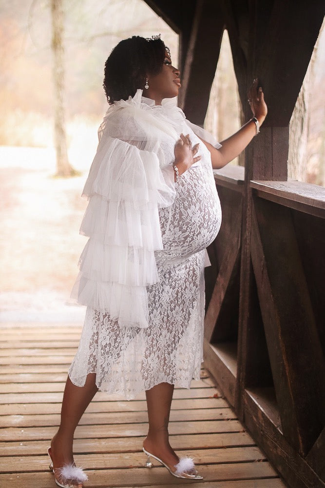 White Lace Maternity Dress with Shawl