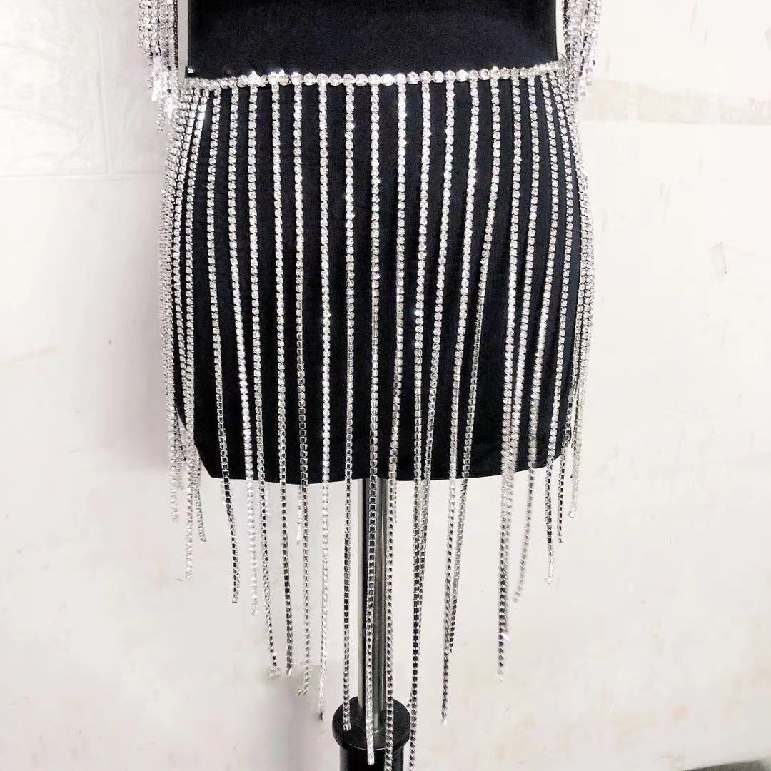 Rhinestone Tassel Bikini Bra And Skirt Set