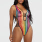Rainbow Striped Fishnet Swimsuit