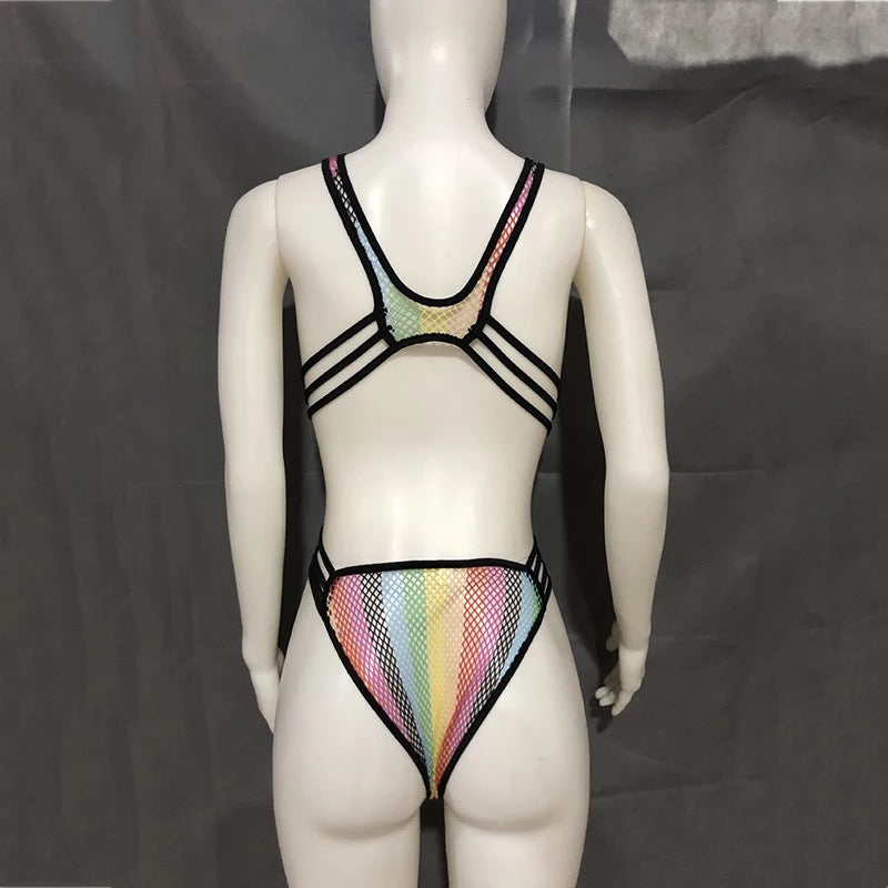Rainbow Striped Fishnet Swimsuit